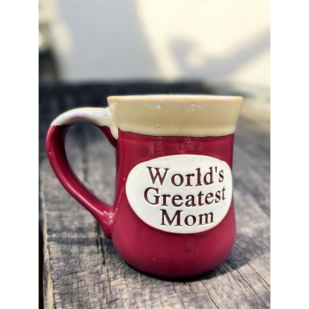 Hand Crafted Art Pottery Stoneware Cup Mug "World's Greatest Mom" Red / Marron
